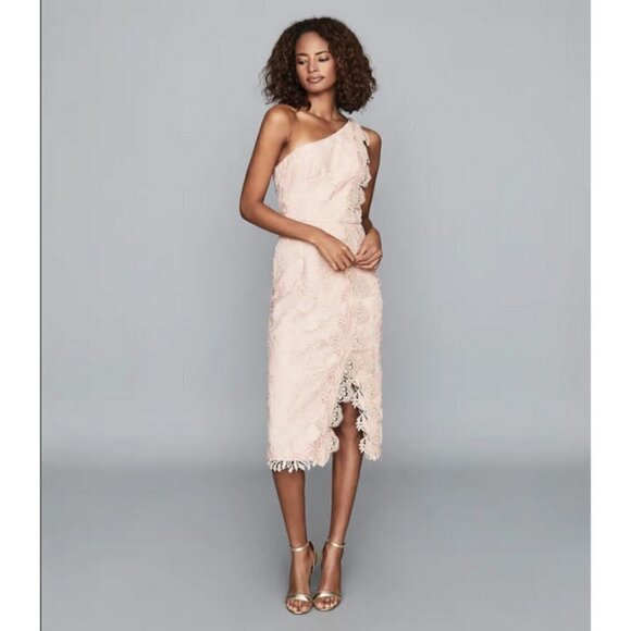 💕REISS💕 Mena One-Shoulder Crochet Lace Dress ~ Nude US 6 NWT - Picture 2 of 13
